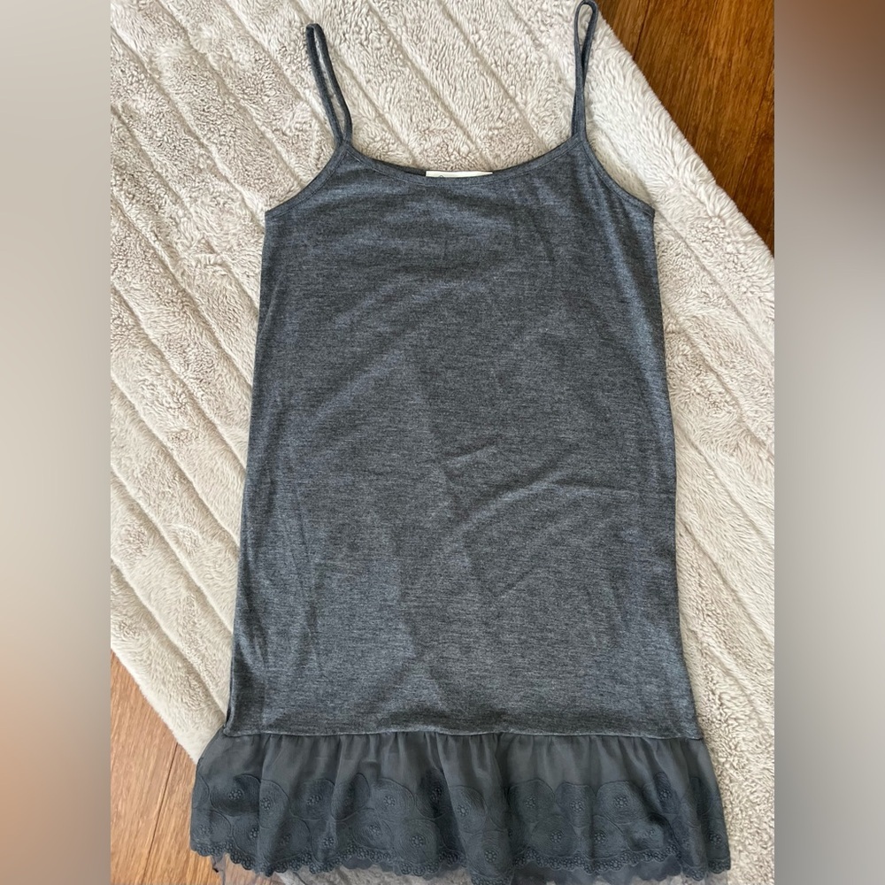 Tank Dress T Knit O2 Collection Heather Gray Sheer Tulle Eyelet Ruffle Hem SZ S - Picture 4 of 6